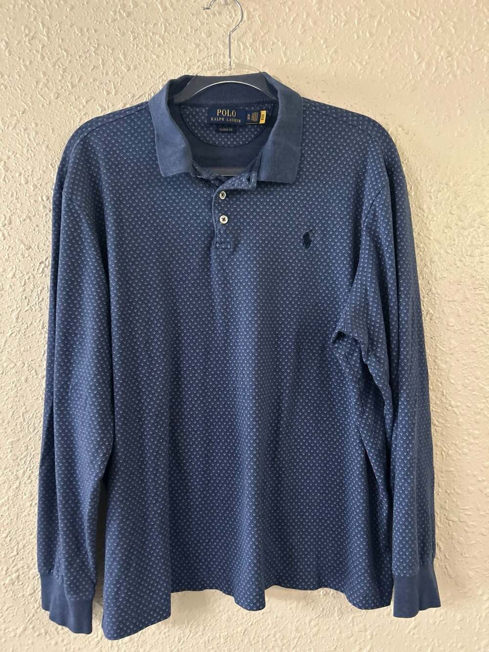Polo Ralph Lauren Blue Geometric Pattern Long Sleeve Polo Shirt XL Classic Fit
